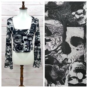 Social Collision Goth Skull Black Cat Square Neck Flare Bell Sleeve Crop Top